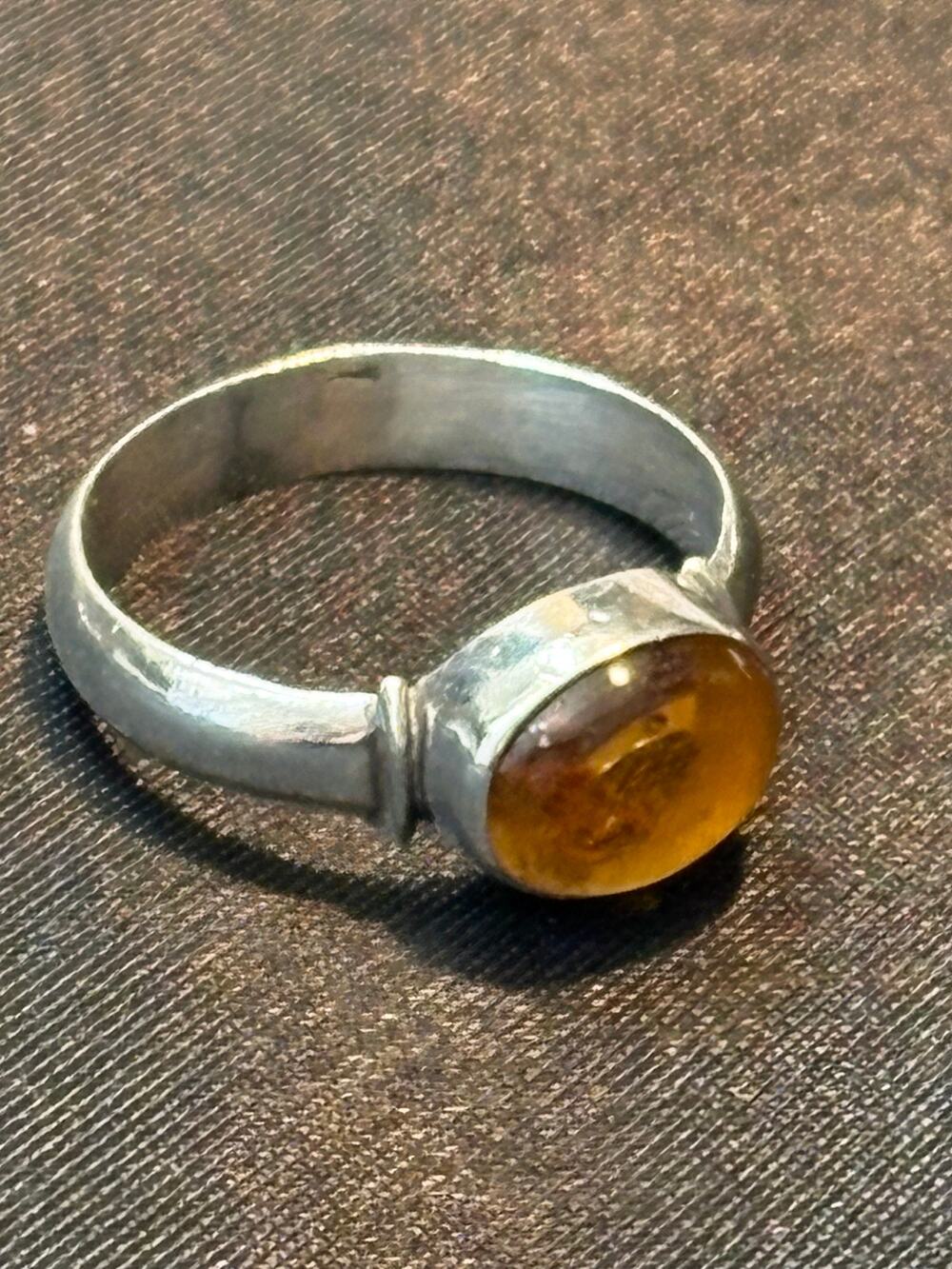 Sterling Silver Genuine Amber Cabochon Ring Size 7 Vintage